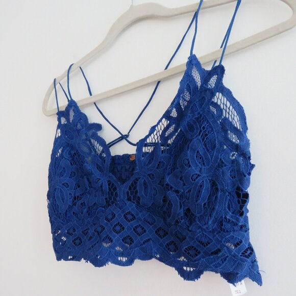FREE PEOPLE ONE Adella Bralette Crop in Blue Boho Festival Lace Smock Size L - Picture 9 of 15